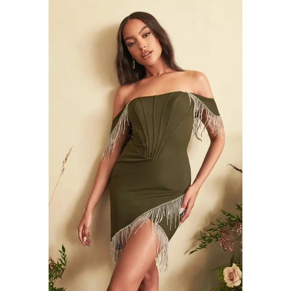 Lavish Alice Bardot Corset Beaded-Fringe Khaki Dress US6 NWT - Picture 1 of 12
